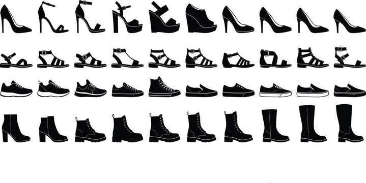 Comprehensive Collection of Women Shoes Silhouettes Including High Heels Sandals Sneakers and Winter Boots Icons for Fashion Design and Retail Layouts