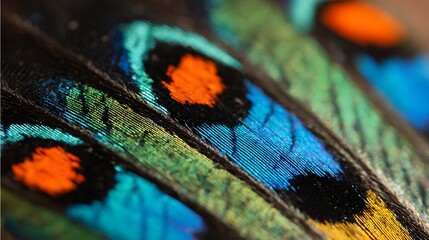 Macro view of iridescent butterfly wing scales in vibrant blues, greens, and oranges, showcasing intricate natural beauty. © Sharjeel