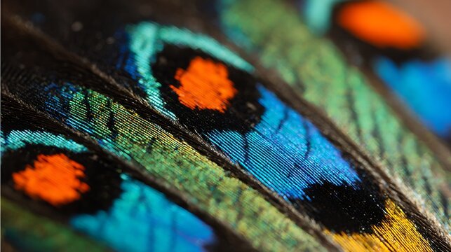 Macro view of iridescent butterfly wing scales in vibrant blues, greens, and oranges, showcasing intricate natural beauty.