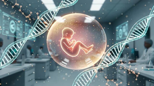 A fetus in a warm glowing sphere with flowing helix lattice and drifting molecular nodes pregnancy, gestation, fetus, amniotic life
