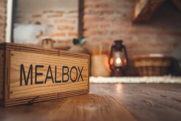 Foods donate program charity concept. Wooden mealbox on a rustic floor with vintage decor in the background.