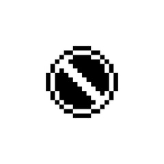 Pixel art stop icon in retro game style, symbol with diagonal slash representing stop, cancel, forbidden, disabled or no entry action, game UI, menus, HUD, buttons and interface elements.
