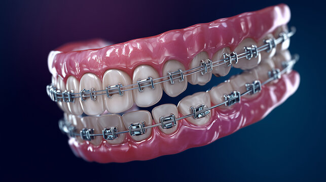 Orthodontic model with metal braces&mdash;detailed dental close-up