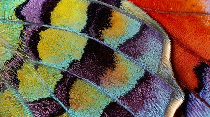 Extreme close-up of a butterfly wing showing a mosaic of vibrant purple, yellow, teal, and orange scales. © Zakir Hussain Baloch
