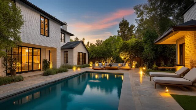 Stunning modern home exterior with pool and lush landscaping at sunset for real estate marketing