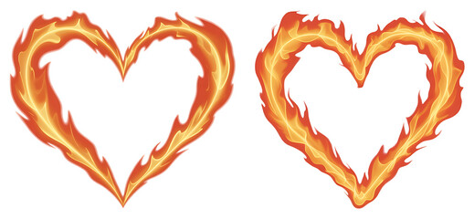 Flaming heart shape design with fiery texture on a transparent background