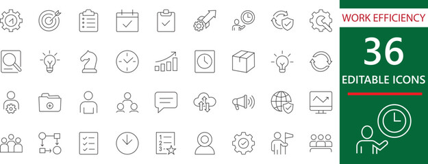 Work Efficiency editable line Icon Set. Productivity,  result,  improvement, performance, & Agile Progress Glyph