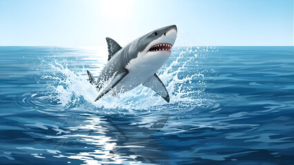 Fototapeta premium Great white shark breaching the surface of the ocean creating a dramatic splash