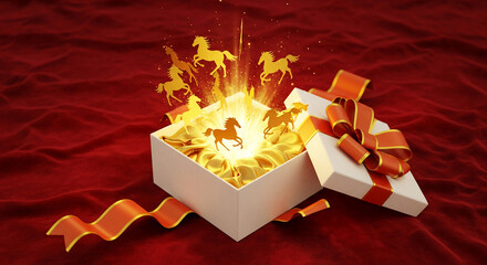 Open gift box with golden horse silhouettes emerging in a burst of light, on a red velvet backdrop, symbolizing surprise, celebration, and magic event