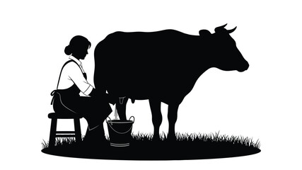 A silhouette of a woman milking a cow in a rural setting