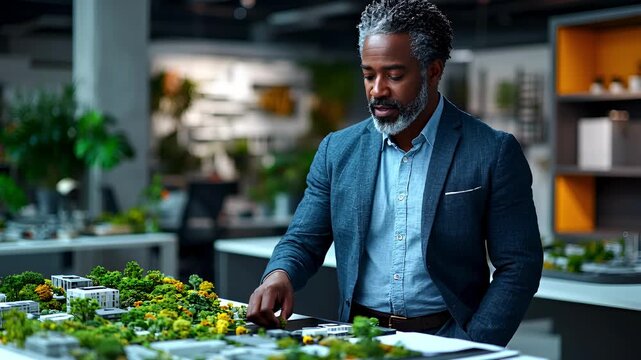 Architect reviewing a model of a building with green plants and trees.