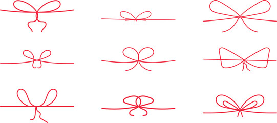 doodle red bows with string and knot for present set. Christmas celebration and coquette holiday decoration. Minimalist line art vector. birthday party or festive package