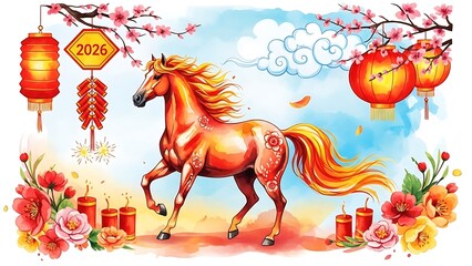 Golden horse running with flowing mane and tail surrounded by cherry blossoms, lanterns, and candles on chinese new year background