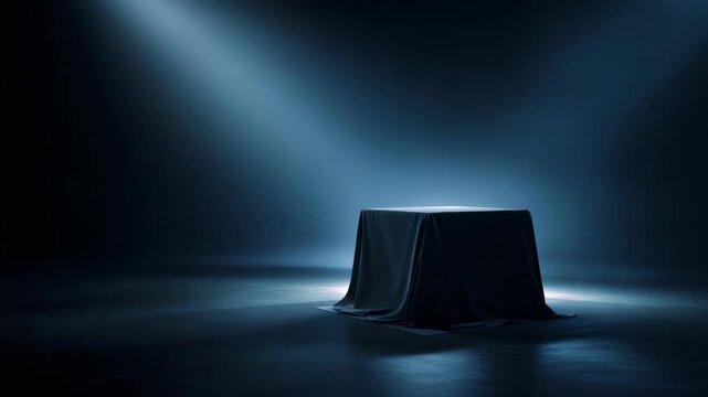 Mysterious object under draped cloth in dimly lit room with spotlight
