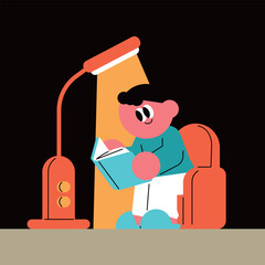 Cozy Reading Nook with a Bookworm Under a Warm Lamp. Cute child choosing a book in the library. 