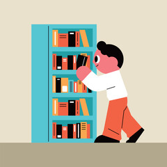 Child Organizing Books on a Bookshelf. student looking for a book in the library.