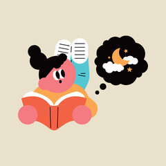Cozy Reading and Nighttime Dreams. child reading a book with a rich imagination. The moon and stars floating in the night sky.