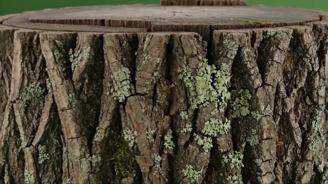 Close-up of a tree stump with detailed bark texture and green background