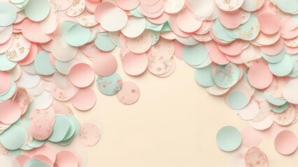 Pastel confetti circles with floral accents cascading over a creamy beige backdrop