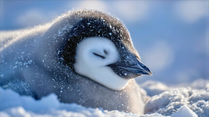 A cute baby Emperor penguin sleeping in the snow, a fluffy chick resting in Antarctica, a peaceful wildlife close-up portrait, a cold nature concept with frost.