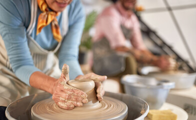 Elderly artist handmade pottery on workshop. hobby, Group, business concept