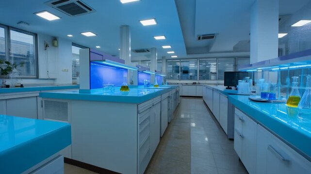 Modern laboratory interior with colorful glassware and bright blue counters for scientific research