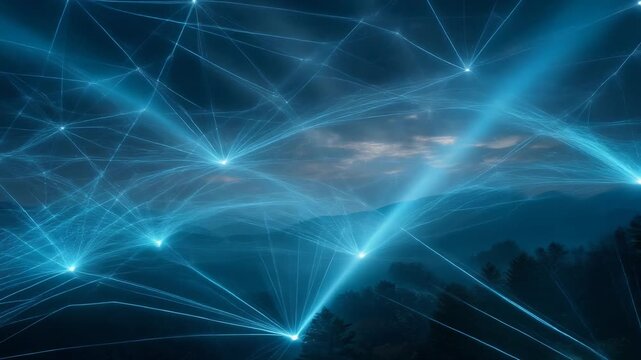 Stunning digital landscape with illuminated connections and serene mountain views at night