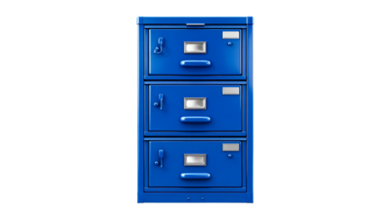 Classic blue metal filing cabinet with three drawers and silver hardware, perfect for office organization and storage solutions in a professional workspace.