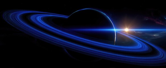 Ringed planet in dark space with vibrant blue rings