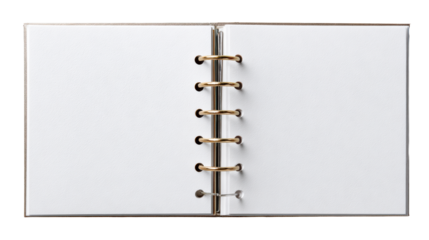 Open ring binder notebook with blank textured pages and gold metal rings, perfect for journaling, scrapbooking, or notetaking applications with ample writing space.