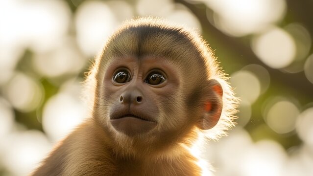 Lindo beb&eacute; macaco rhesus sentado en piedra en el bosque en la India mirando la c&aacute;mara