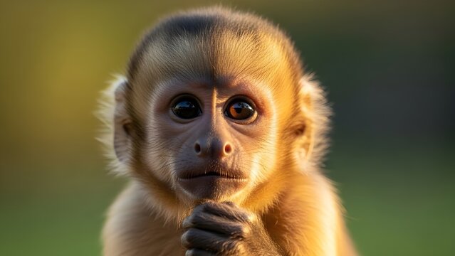 Lindo beb&eacute; macaco rhesus sentado en piedra en el bosque en la India mirando la c&aacute;mara