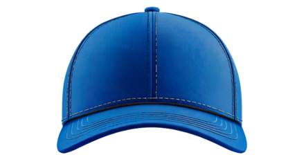 Front view of a vibrant blue baseball cap with detailed stitching and textured fabric, perfect for apparel branding and casual wear promotions