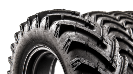 Close up extreme detail of a heavy duty tractor tire tread and rim for agricultural machinery demonstrating robust industrial grip and off road performance