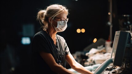 Fototapeta premium Anesthesia technician monitoring and adjusting ventilator equipment in operating room. Healthcare professional ensuring proper anesthesia support and patient safety