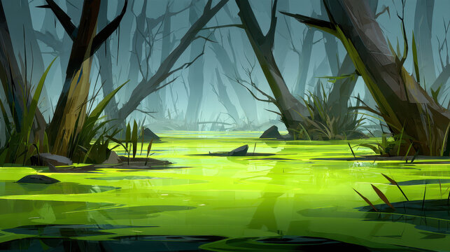 Vibrant swamp filled with glowing toxic liquid creates eerie atmosphere, surrounded by twisted trees and dense foliage. scene is both mysterious and captivating
