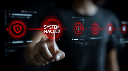 Person touching digital interface displaying system breach alerts cybersecurity hacking