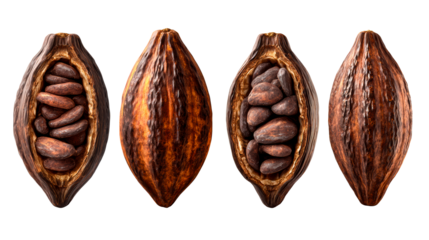 Four detailed views of opened and closed cocoa pods with rich brown beans showcasing natural texture and agricultural origin for food and beverage production