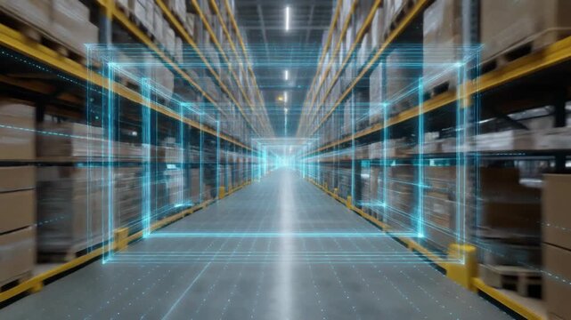 Dynamic warehouse interior with glowing lines, representing speed and efficiency in logistics