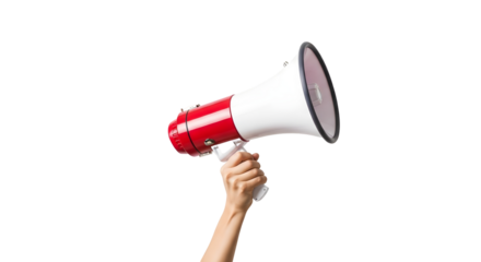 A person holding a megaphone with a red and white design