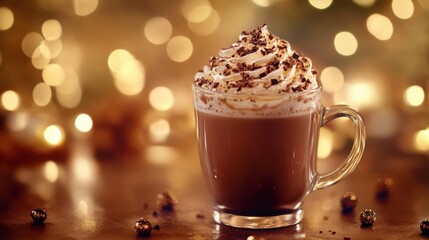 A rich, decadent hot chocolate topped with whipped cream and chocolate shavings, set against a warm, festive bokeh background for a cozy holiday feel