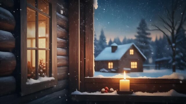 A warm candle glows on a snowy windowsill inside a rustic wooden home at night. Serene view of a winter landscape and forest during a peaceful christmas eve snowfall