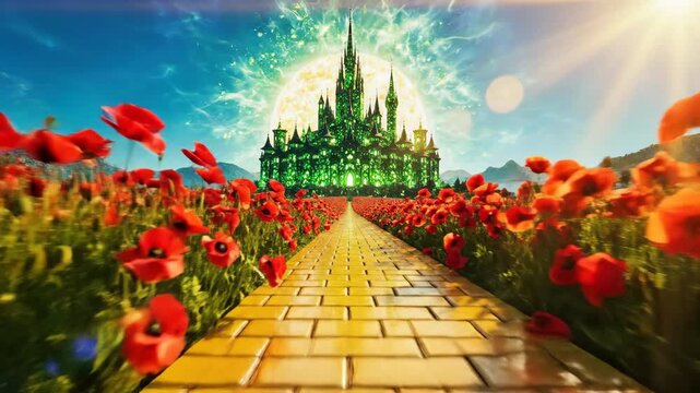 Yellow Brick Road Leading to Emerald City in Field of Poppies 3D Render