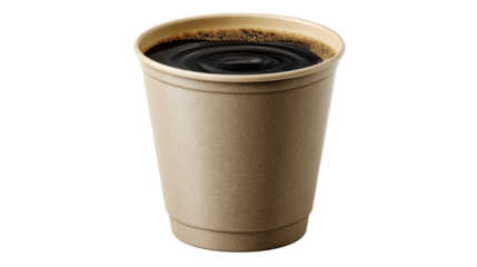 Disposable kraft paper cup filled with hot dark coffee with froth, perfect for beverage industry promotions and cafe advertising.