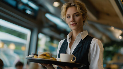 A café server navigating a busy dining room with a balanced tray of drinks, motion blur capturing hospitality speed, customer service, and restaurant workflow. cinematic color correction, natural