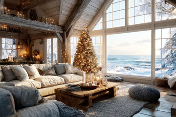 Obraz premium Cozy Christmas cabin interior with ocean view and decorated tree, digital background ms teams, digital meeting background, zoom background