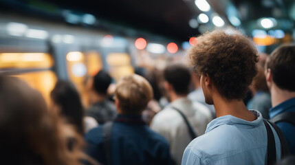A crowded subway platform during rush hour with commuters packed shoulder to shoulder, overhead lights flickering as a train screeches into the station — intense urban mobility, daily commute