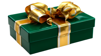 Luxurious green gift box adorned with a shimmering gold and silver ribbon, perfect for celebrations, holidays, and special occasions, presented elegantly for festive promotions and gifting