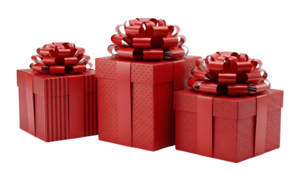 Three red presents with bows on top isolated on black