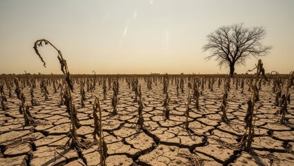 Arid drought-stricken landscape with cracked soil and sparse vegetation